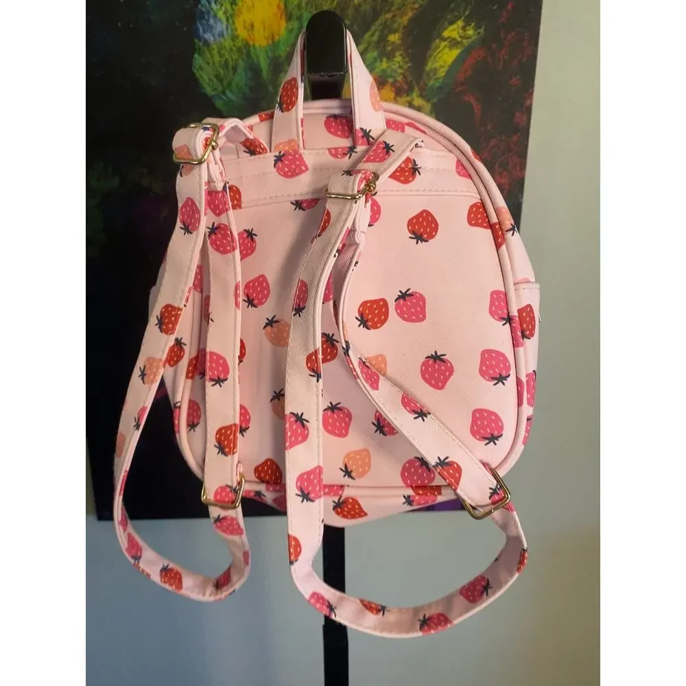 Mini Strawberry Print Backpack Purse Pink Faux Leather